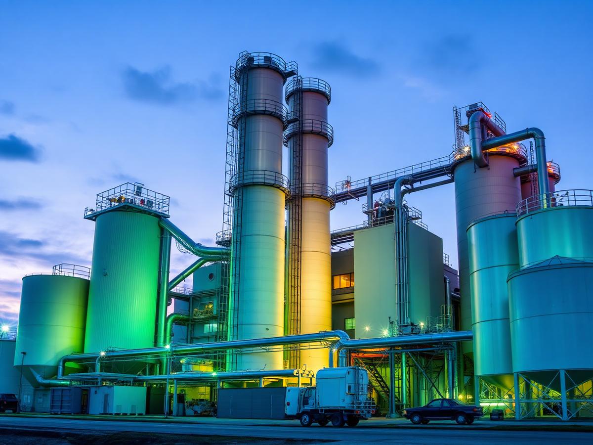 Aqaba production complex — calcination, grinding, and PCC processing towers at dusk